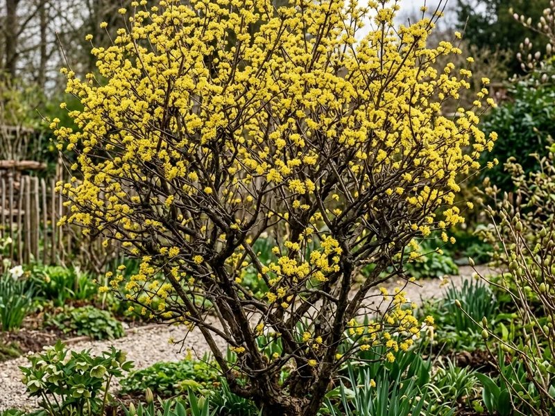 Gele kornoelje (Cornus mas) als karakteristieke meerstammige solitaire heester in de tuin