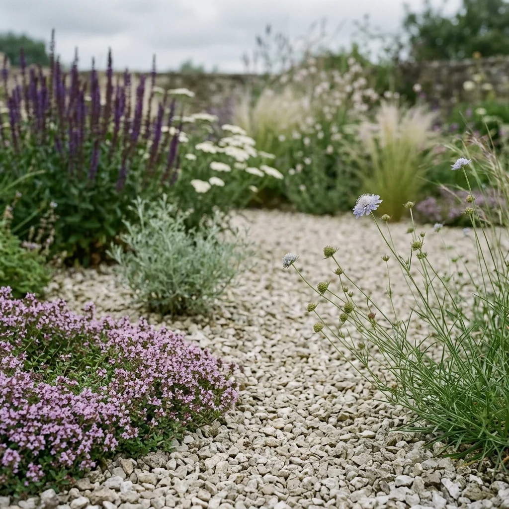 Voorbeeld van grindbeplanting met split en droogtetolerante planten