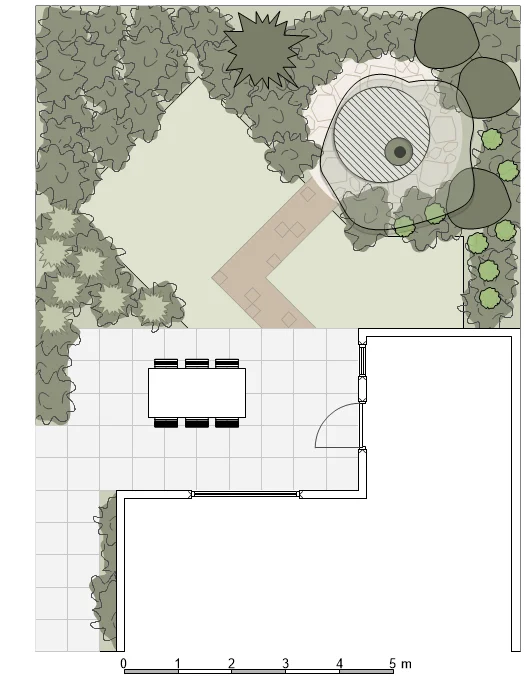 Origineel tuinontwerp met te weinig herhaling in vormen, materialen en beplanting