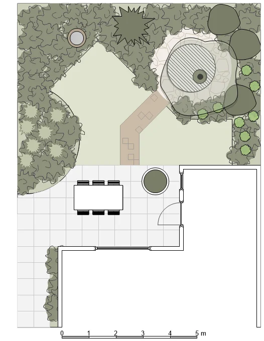 Tuinontwerp versie 2 met herhaling van ronde vormen in borders, bloembak en waterelement