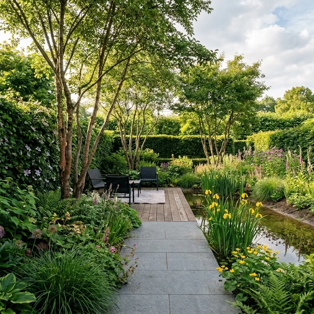 Stijlvolle biodiverse Nederlandse tuin met gelaagde beplanting, bomen, groene erfafscheiding en waterpartij