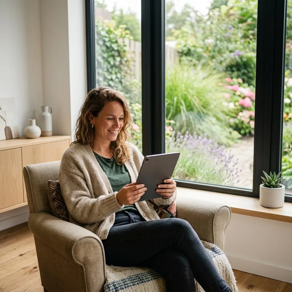 Vrouw die comfortabel thuis de online tuinscan van Studio FERM doet