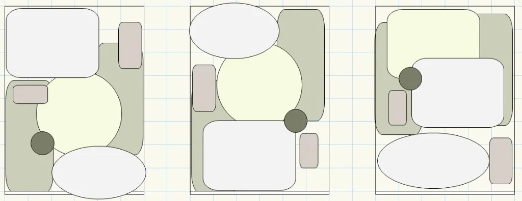 Drie voorbeelden van vlekkenplannen op ruitjespapier met verschillende tuinindelingen