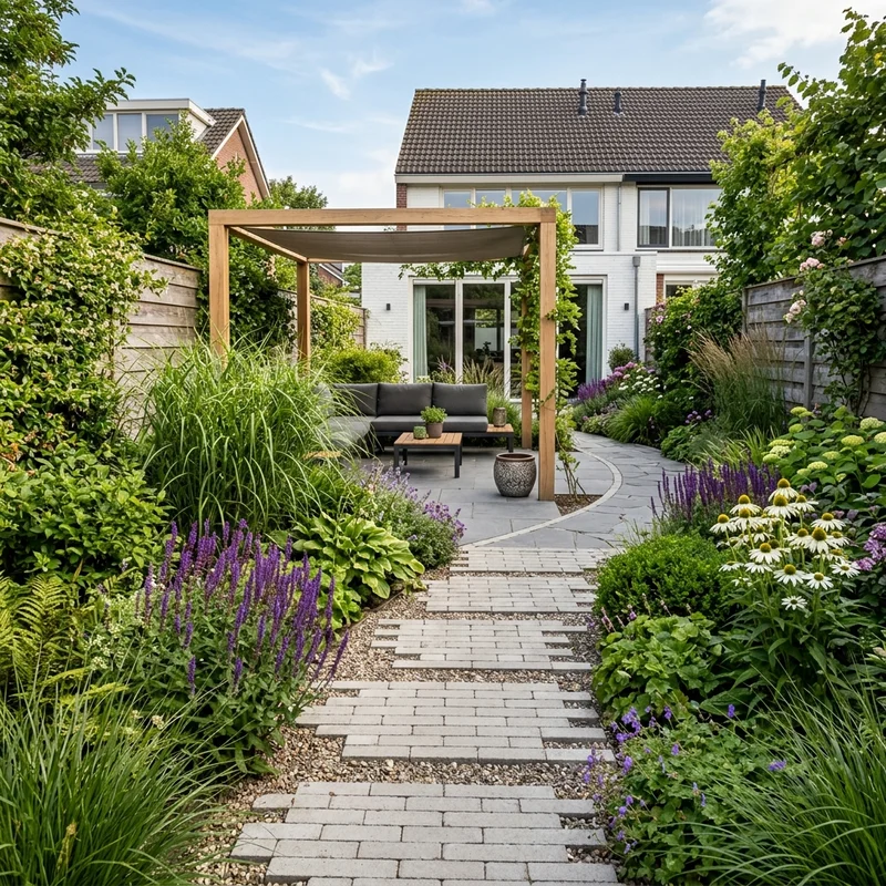 Sfeervolle smalle en diepe tuin met een verspringend pad en pergola
