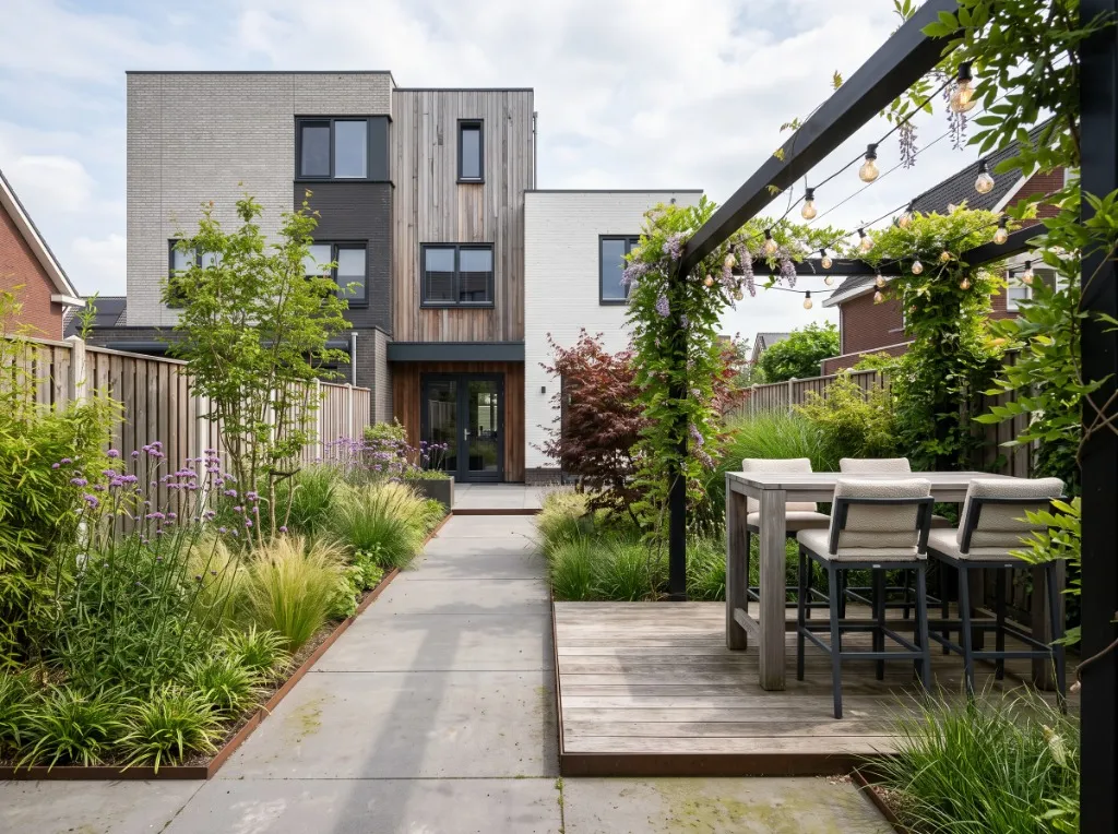 Strakke indeling van een industriële tuin met duidelijke zichtlijnen