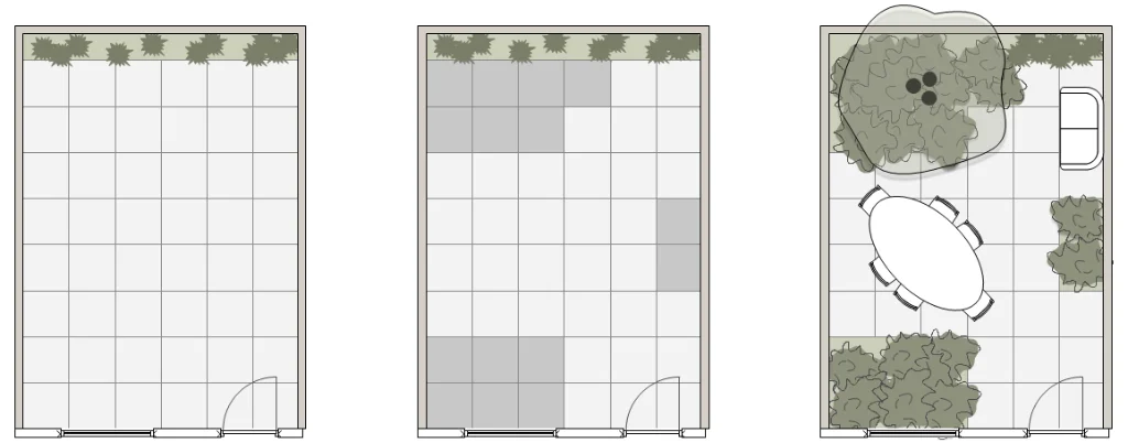 Plattegrond in 3 stappen van tegeltuin naar groene tuin